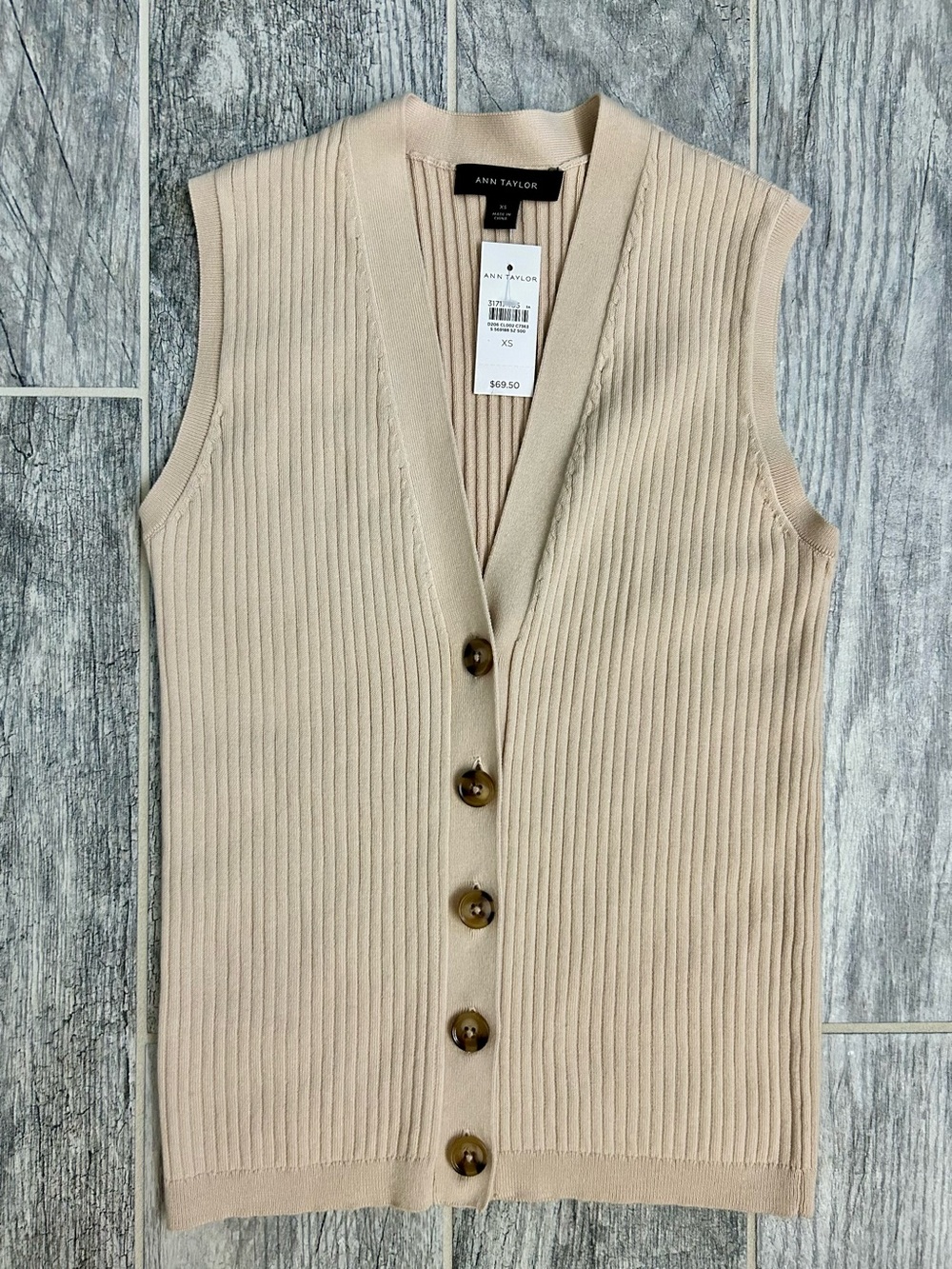 Ann Taylor Sleeveless Ribbed Button Vest - Neutral Beige